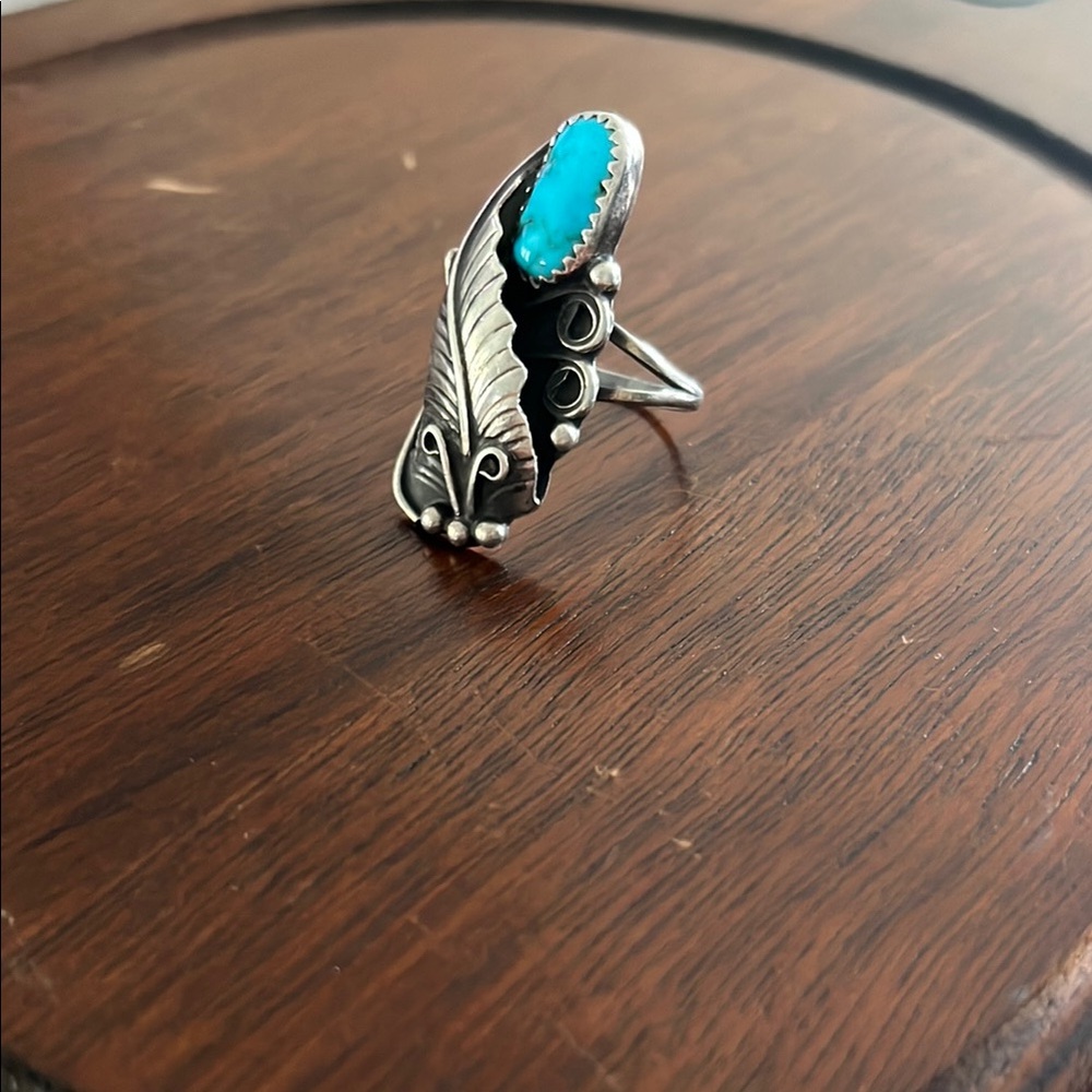 Blue and Silver Statement Ring with Feather Details